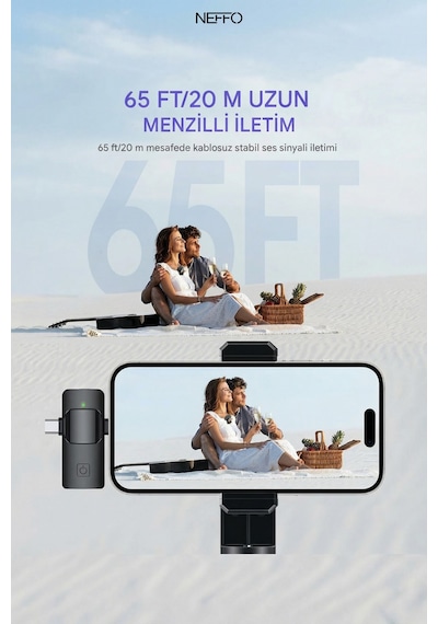 2 Mikrofonlu Kablosuz Yaka Mikrofonu Tüylü Rüzgar Önleyici 20 M Menzil İos Android Uyumlu