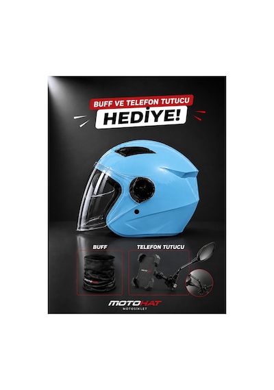 Güneş Vizörlü Kask - Telefon Tutucu Ve Buff  Mavi