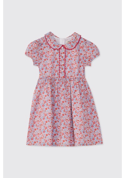 Made With Liberty Fabric Liberty Kumaş Bebe Yakalı Kız Çocuk Elbise Kırmızı
