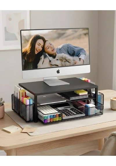 Temel Siyah Metal Mesh Monitör Yükseltici Stand Çekmeceli Kalemlikli Masaüstü Organizer 9210