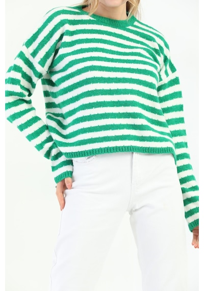 Youknitwear You Angora Çizgili Kazak Yeşil