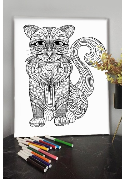 Kedi 12 Temalı Boyanabilir Tuval Mandala Tuval Kalem Hediyesi Yoktur.