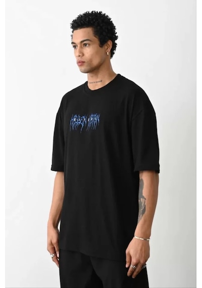 Modi Green Unisex Günlük Stil Kömür Siyahı Doğal Dokulu Pamuklu Oversize Tiş Siyah