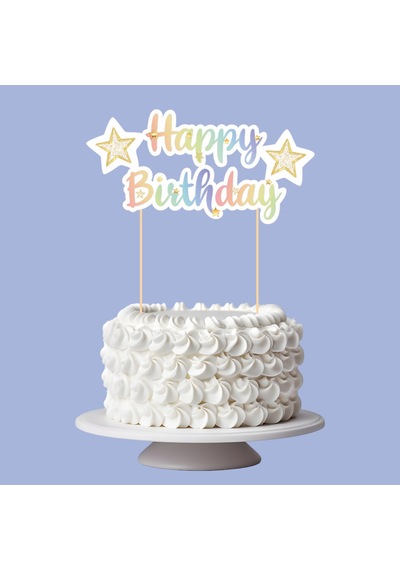 Renkli Yıldız Temalı Happy Birthday Kaligrafi Pasta Üstü Süs Tüm Yaşlar