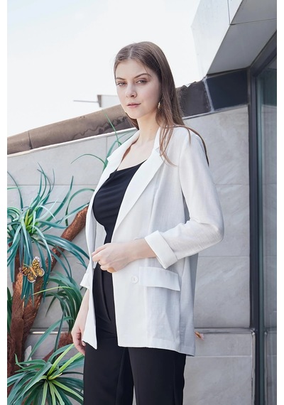 Yazlık Likrasız Keten Kumaş Yakalı Cep Kapaklı Oversize Blazer Ceket-beyaz Beyaz
