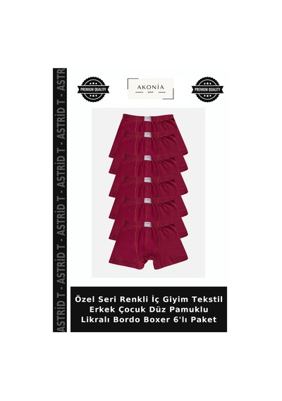 Astrid T Özel Seri Renkli İç Giyim Tekstil Erkek Çocuk Düz Pamuklu Likralı Bordo Boxer 6'lı Paket
