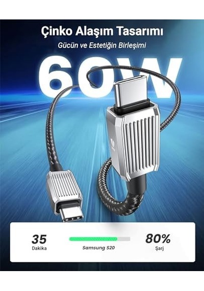 60w 3a Pd Type-c To Type-c Hızlı Şarj Ve Data Kablosu 1.5 Metre Siyah