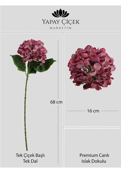 Bordo Yapay Ortanca Çiçeği Tek Dal Premium Canlı Islak Dokulu 68 Cm