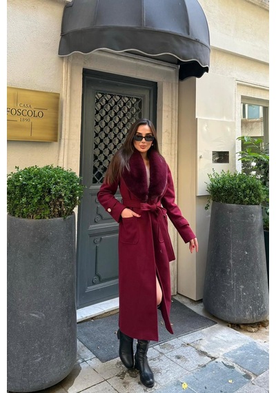 Dip Moda Kadın Kaşe Kumaş Cepli Yaka Kürklü Tam Boy Kuşaklı Kaban Dpstr1003 Bordo