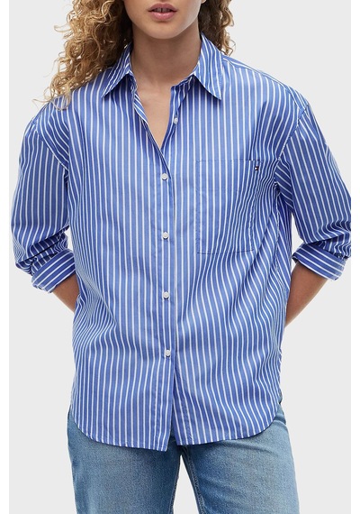 Tommy Hilfiger Poplin Çizgili Oversize Gömlek Kadın Gömlek Ww0ww51120 0bh Mavi