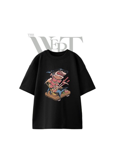 Thewert Sushi Shark Tasarım Baskılı Ünisex Siyah Oversize T-shirt