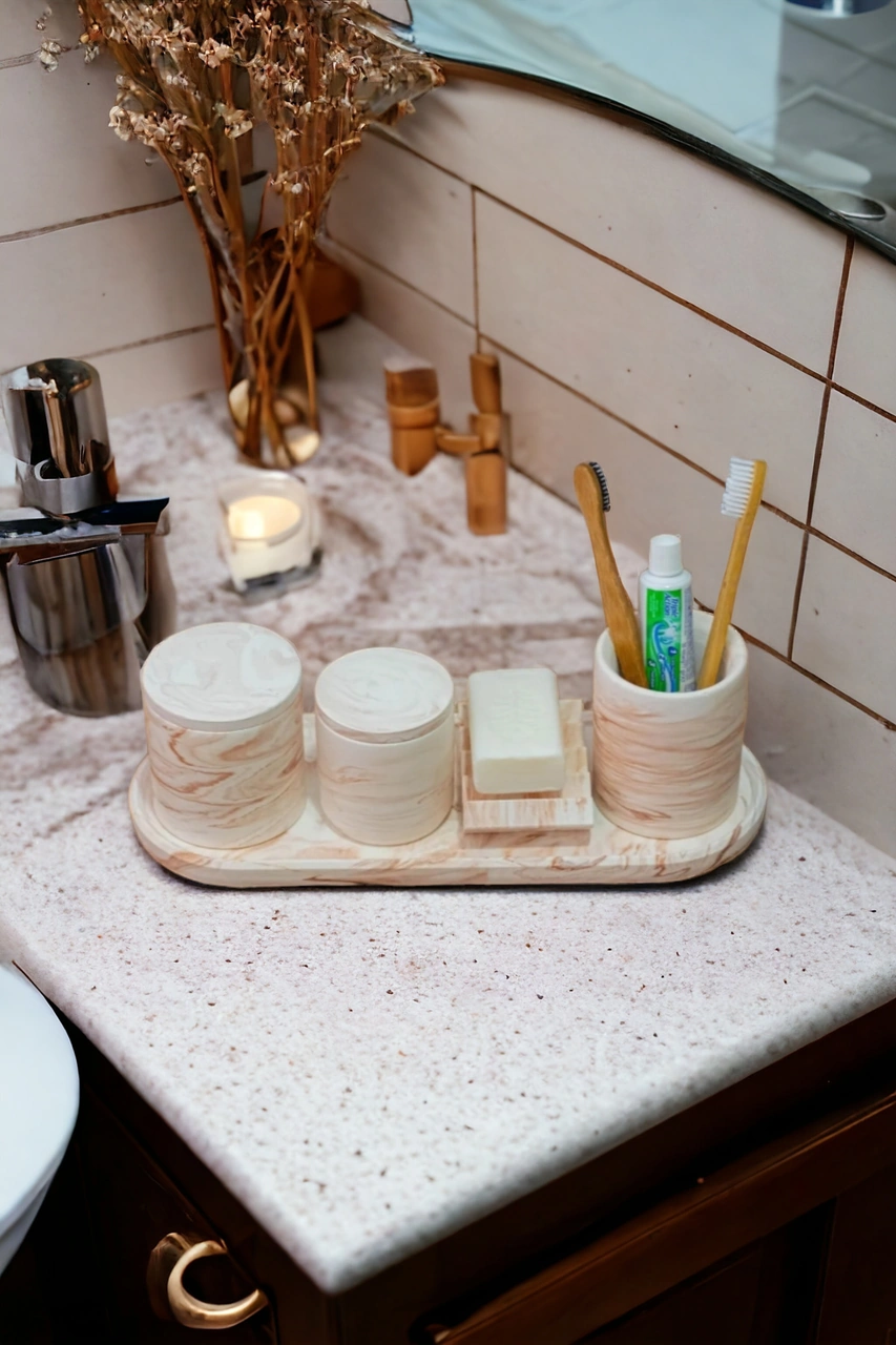 Marble Banyo Seti,tepsi,dis Fırçalık, Pamukluk,sabunluk Seti Beton Takim Turuncu