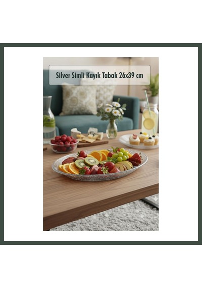 Bezos Silver Simli Büyük Kayık Tabak Sunum & Servis Tabağı - 26,5 X 39,5 Cm Nhr