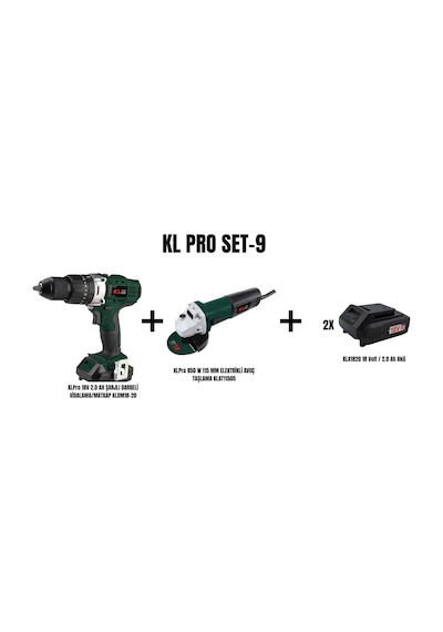Klpro Set-9 Şarjlı Darbeli Vidalama / Matkap + 850W 115 MM Elektrikli Avuç Taşlama