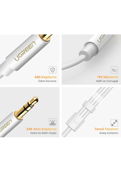 Ugreen 3.5mm Erkek To 2 Dişi Ses Kablosu 20cm Beyaz , 10739