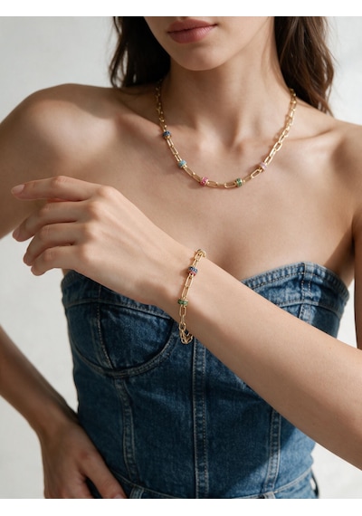 Valmont Accessories Renkli Taşlı Gold Kolye Ve Bileklik Seti - Düğün, Kına, Nişan Gelin Takı Seti