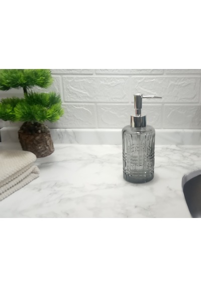 Cam Sıvı Sabunluk,kristal Desenli Gri 300ml Banyo Seti 6,8x17,6