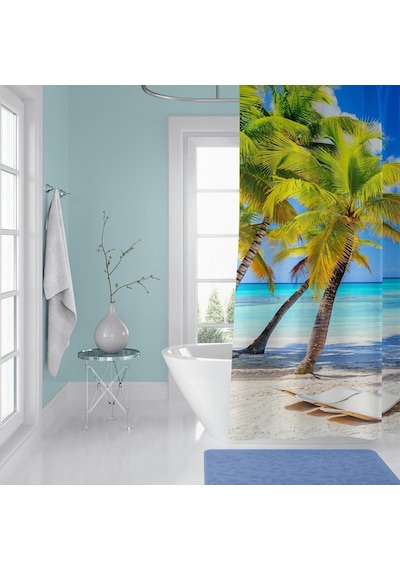Banyo Perdesi 1x180x200 Tek Kanat Duş Perdesi Halka Hediyeli Duşakabin Perdesi Caribbean Çok Renkli