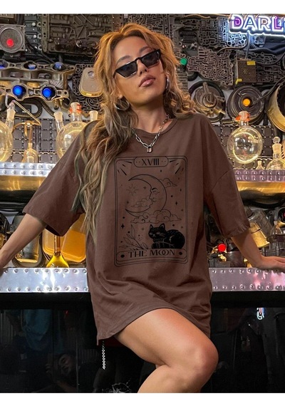 Flood Of Style Kadın Kahverengi The Moon Baskılı Oversize Bisiklet Yaka Tshirt