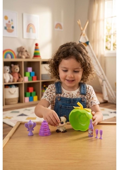 Sevimli Minişler Işıklı Yeşil Elma Yuvalı Pet Shop Oyun Seti Kaleme Takılabilir Beyaz Köpek Figürlü Ve Aksesuarlı Çocuk Oyuncağı