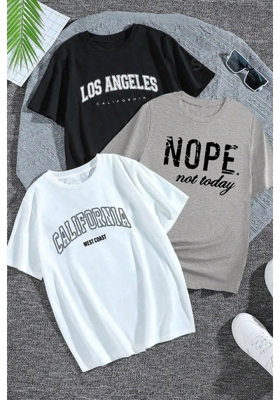 3'lü Paket Baskılı Oversize T-shirt Beyaz