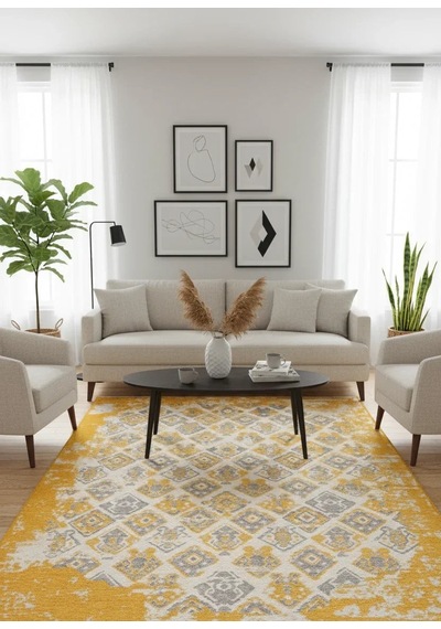 Gri Sarı Çift Taraflı Modern Vintage Yıkanabilir Antibakteriyel Halı - Yo015fsagr Turuncu