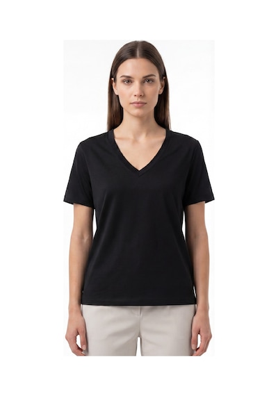 Goffra Kadın Vision V Yaka Premium Kalite Yoğun Dokulu Pamuklu T-shirt Siyah W102-r0220-09