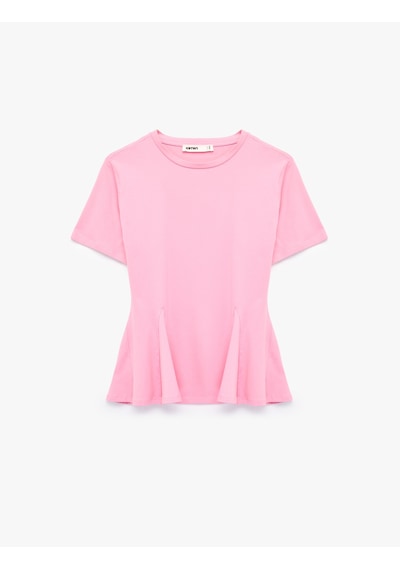 Koton Pamuklu Slim Fit Kısa Kollu Bisiklet Yaka Peplum Basic Tişört Pembe 6sak50209ek Gül