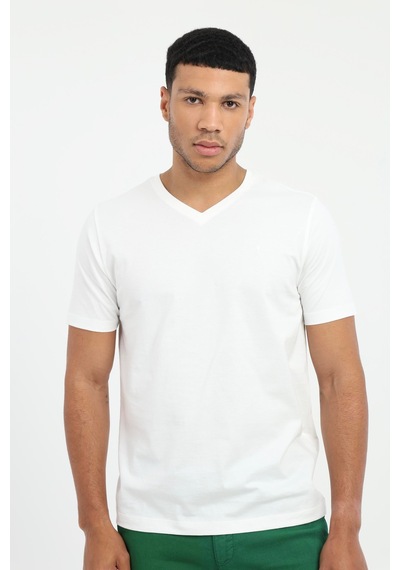 Dufy Erkek Slim Fit V Yaka Beyaz T-shirt-25712