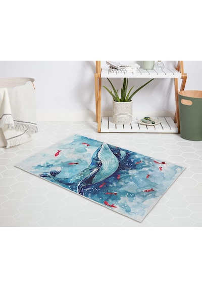 Banyo Halısı Dijital Baskılı Banyo Paspası 50x80 Polyester Kaymaz Tabanlı Duş Paspası Whale Beyaz - Siyah