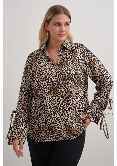 Myline Bağlama Detaylı Leopar Bluz-2568 Kahverengi