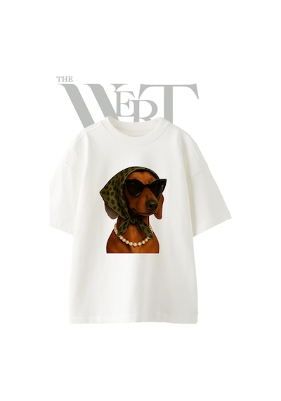 Thewert Dachshund Chic Tasarım Baskılı Ünisex Beyaz Oversize T-shirt