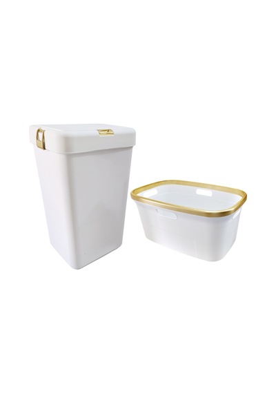 Geseus Motek Tekli 40 Lt Kirli Çamaşır Sepeti+çamaşır Selesi Ikili Set, Çeyiz Seti Gold+beyaz Beyaz