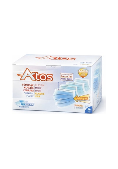 Atos 3 Katlı Filtreli Lastikli Medikal Maske 50'li