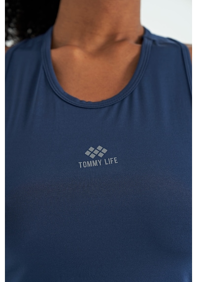 Tommy Life İndigo Yırtmaç Detaylı O Yaka Sıfır Kollu Standart Kalıp Kadın Spor Atlet - 97256 İndigo