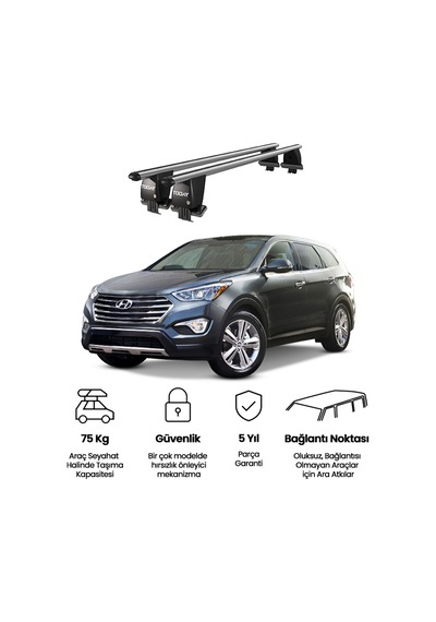 Royal Hyundai Maxcruz / Santa Fe 2012-2018 Uyumlu Gri Kilitli Ara Atkı Port Bagaj Tavan Barı