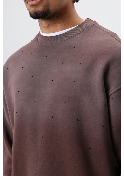 Vamos Yıkamalı Taş Detaylı Oversize Sweatshirt Kahve