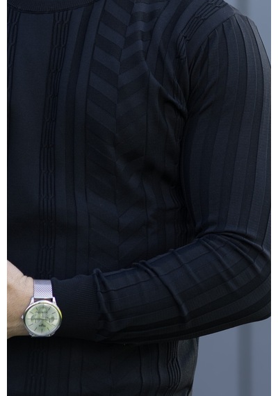 Hk Premium Fitilli Bisiklet Yaka Slim Fit Triko Kazak Siyah