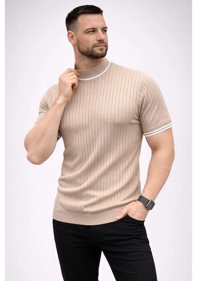 Erkek Fitilli Triko Dokuma Kısa Kol Tişört Yarım Boğaz Modern Yazlık T-shirt - Bej