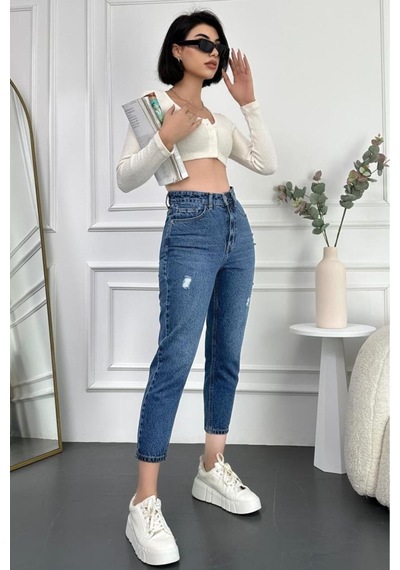 Mavi Yıpratmalı Kadın Boyfriend Jean Yüksek Bel Kot Pantolon Mabel Model 001