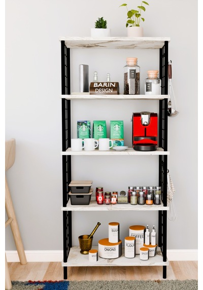 5 Raflı Çevir Kur Çok Amaçlı Raf Tel Yan Panel, Açık Raf Sistemli Metal Gövdeli Organizer Dolap Beyaz Mermer