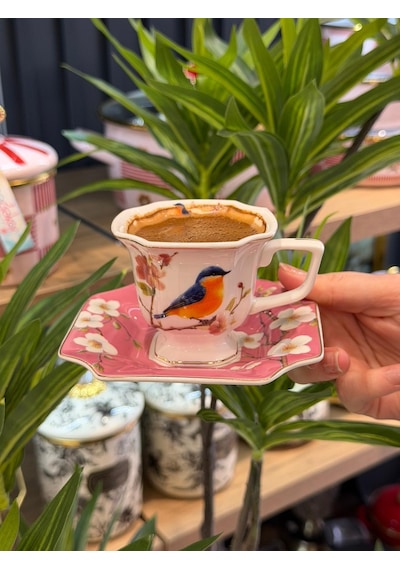 6 Kişilik Porselen Lavin Bird Pink Kahve Fincanı -5909 Pembe
