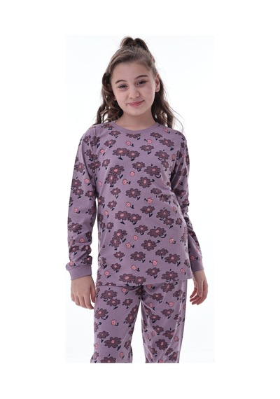 Kız Çocuk Çiçek Desenli Pamuklu Pijama Takımı 8-13 Yaş Rahat Uyku Takımı Mor