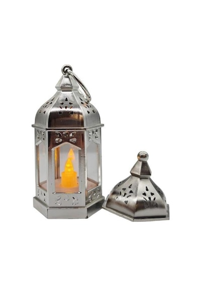 20 Cm Ramazan Ledli Asmalı Parlak Gümüş Fener - Pil Dahil Dekoratif Ramazan Feneri Diğer