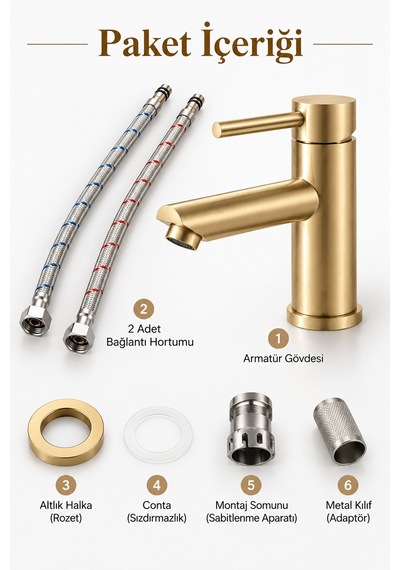 Lavabo Bataryası Mat Gold Fırçalı Altın 304 Paslanmaz Aç Kapa Banyo Bataryası Leke Tutmaz Mat Altın