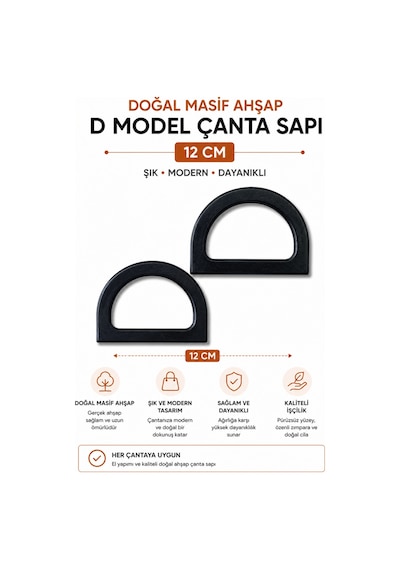 Vollen Yarn Doğal Masif Ahşap D Model Çanta Sapı 12 Cm 1 Çift 2 Adet El Yapımı Çanta Kulpu Siyah