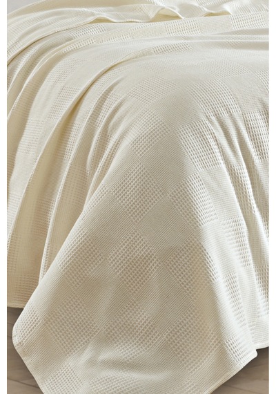 Tek Kişilik %100 Pamuk Pike Örtü 160x230 Cm Karo Desenli Krem Weave Serisi Krem