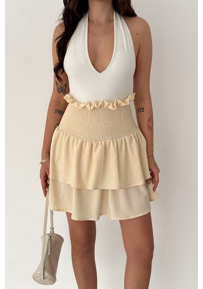 Kadın Katlı Smock Bel Mini Short Etek Summer Layers Bej