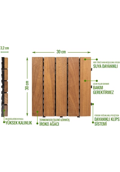 Pafu Sunsoe İroko Ağacı Balkon Bahçe Ahşap Yer Döşemesi Karo Deck 30x30 Cm 1 Adet 0,09m2