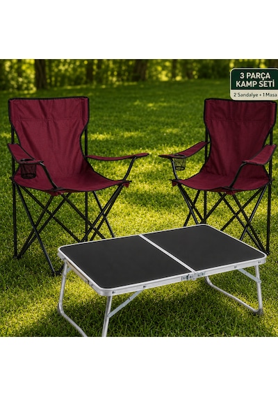 2 Sandalyeli Katlanır Kamp Seti 60x40 Cm Masa Ve Sandalye Bordo